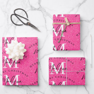 Custom Merry Christmas Pink Glitter Monogram Wrapping Paper Sheets