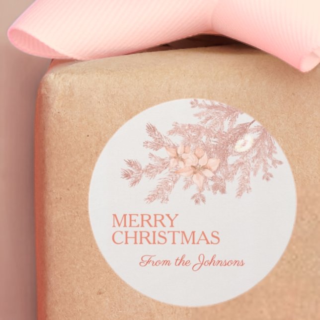 Custom Merry Christmas Pink Glitter Pine Branches Classic Round Sticker (Creator Uploaded)