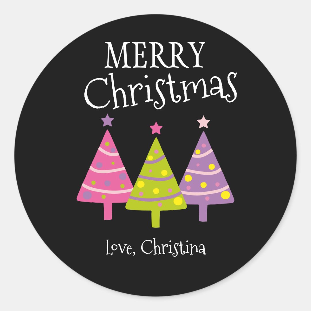 Custom Merry Christmas Pink Trees Classic Round Sticker Zazzle