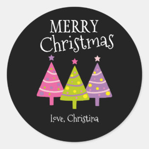 Custom Merry Christmas Pink Trees  Classic Round Sticker