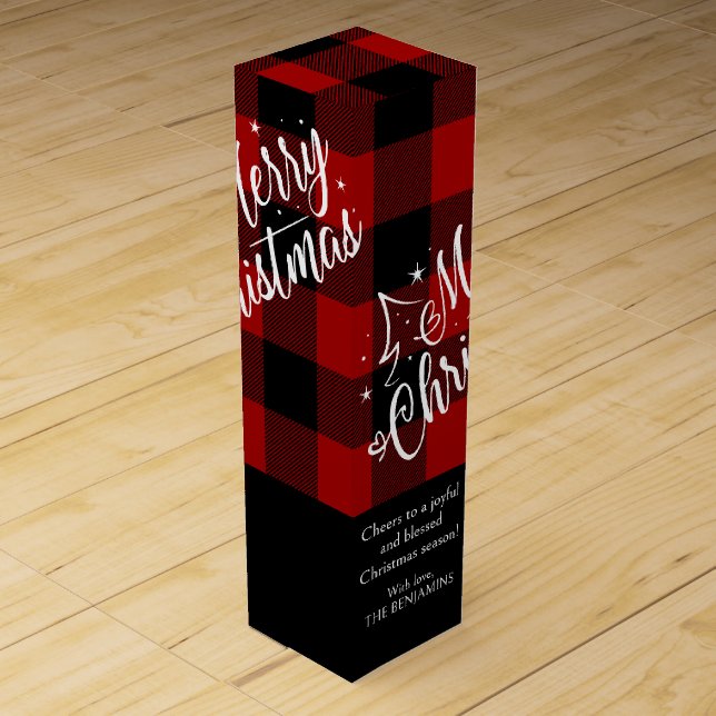 Custom Merry Christmas Plaid Holiday Wine Gift Box (Front)