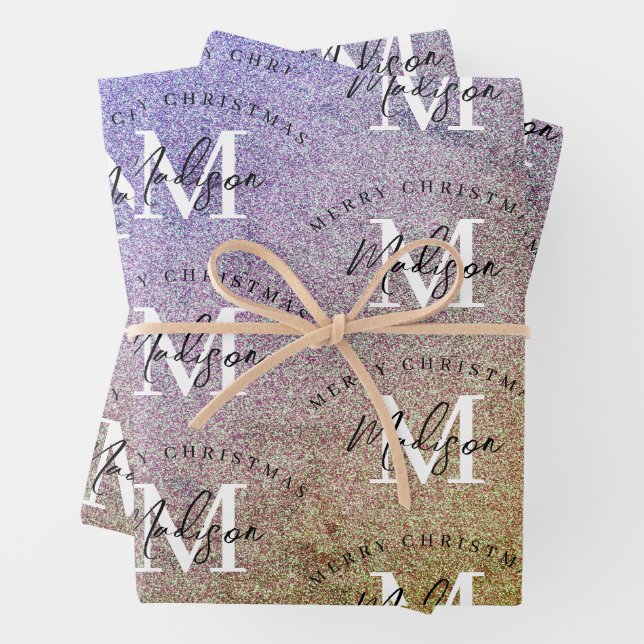Custom Merry Christmas Purple Glitter Monogram  Wrapping Paper Sheets (In situ)