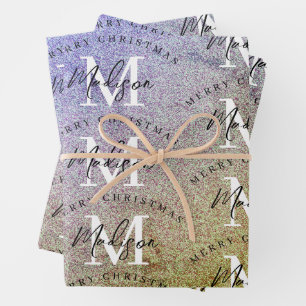 Custom Merry Christmas Purple Glitter Monogram Wrapping Paper Sheets