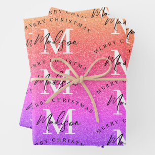 Custom Merry Christmas Rainbow Glitter Monogram Wrapping Paper Sheets