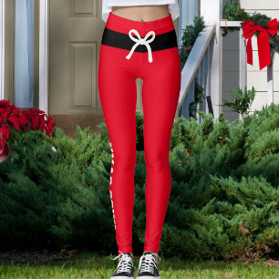 Custom Merry Christmas Red Black Belt Cream Bow Leggings