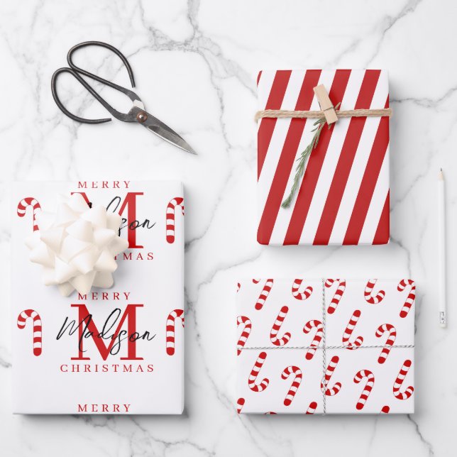 Custom Merry Christmas Red Candy Cane Monogram Wrapping Paper Sheets (Front)