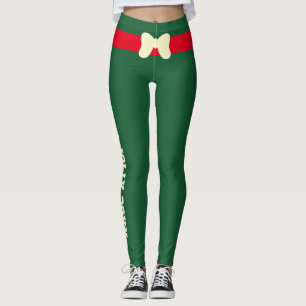 Custom Merry Christmas Red Ivory Bow Hunter Green Leggings