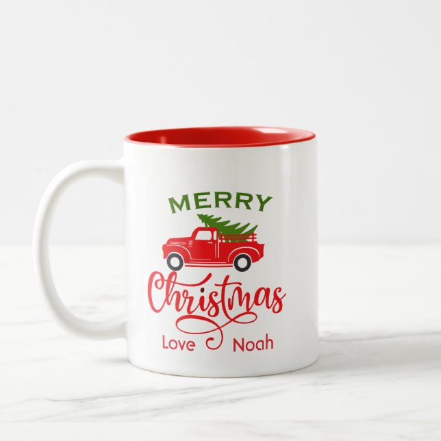 Custom Merry Christmas Red Truck Personalized Two-Tone Coffee Mug (Left)