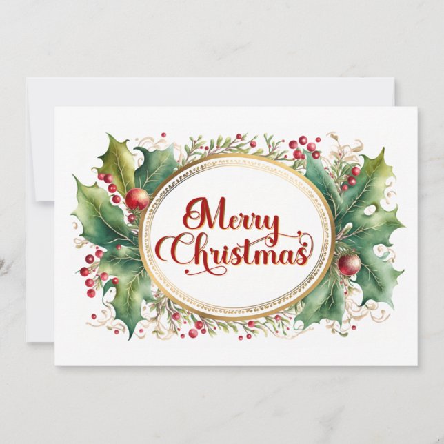 Custom Merry Christmas Script in Gold Floral Frame Holiday Card (Front)