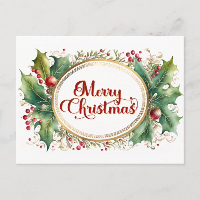 Custom Merry Christmas Script in Gold Floral Frame Holiday Postcard (Front)