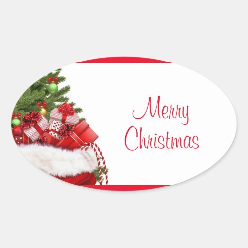 Custom Merry Christmas Tree And Gifts Template Oval Sticker