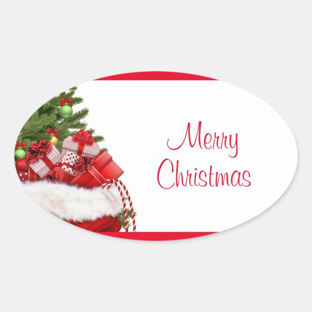 Custom Merry Christmas Tree And Gifts Template Oval Sticker (Front)