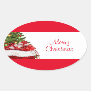 Custom Merry Christmas Tree And Gifts Template Oval Sticker