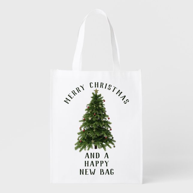 Custom Merry Christmas Tree Holiday Festive Grocery Bag (Front)