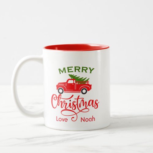 Custom Merry Christmas Tree On Red Vintage Truck  Two_Tone Coffee Mug