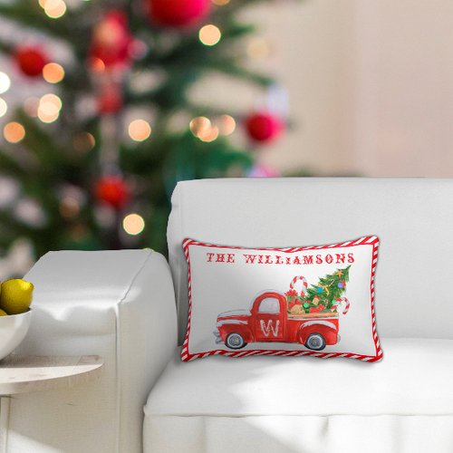 Custom Merry Christmas Tree Red Vintage Truck Lumbar Pillow