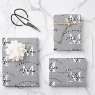 Custom Merry Christmas Vintage Gray Monogram Wrapping Paper Sheets