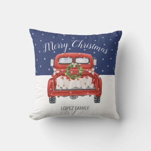 Custom Merry Christmas Vintage Red Truck Blue Throw Pillow