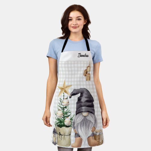 Custom Merry Christmas Watercolor Gnome Plaid Apron