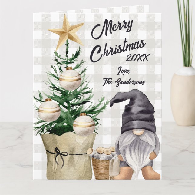 Custom Merry Christmas Watercolor Gnome Plaid Card (Front)