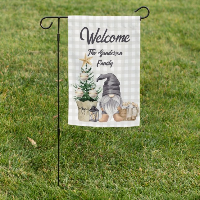 Custom Merry Christmas Watercolor Gnome Plaid Garden Flag (In SItu)