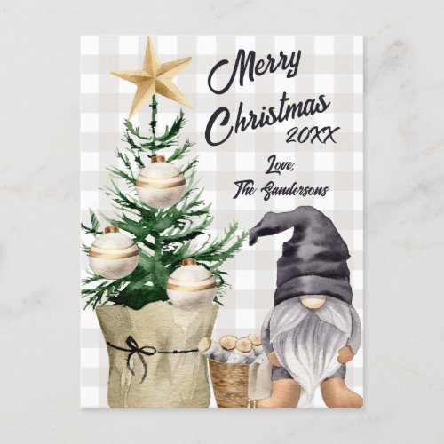 Custom Merry Christmas Watercolor Gnome Plaid Holiday Postcard