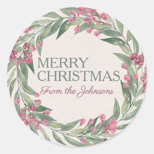 Custom Merry Christmas Watercolor Red Holly Wreath Classic Round Sticker