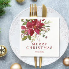 Custom Merry Christmas Watercolor Red Poinsettias Napkins at Zazzle