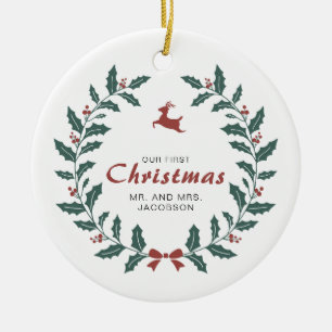 Custom Merry Christmas Wreath Deer holly berry Ceramic Ornament