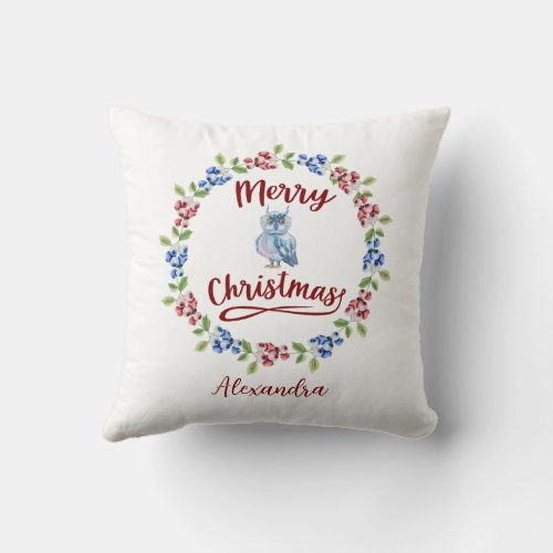 Custom Merry Christmas Wreath Owl Blue Red Berries Throw Pillow