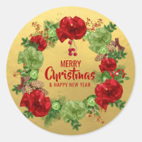 Custom MERRY CHRISTMAS Wreath Red Green GOLD Classic Round Sticker