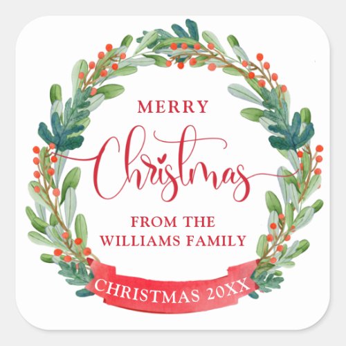 Custom Merry Christmas Wreath Script Festive Square Sticker