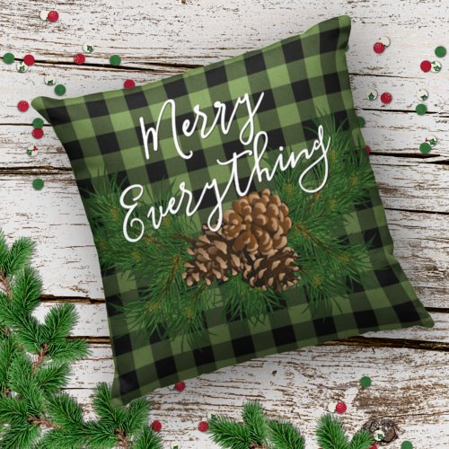 Custom Merry Everything Green Black Checks Cabin Throw Pillow