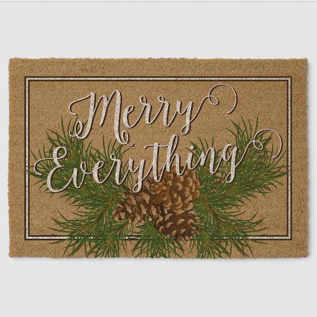 Custom Merry Everything On Pinetree Pinecone Cabin Fiber Doormat (Front)