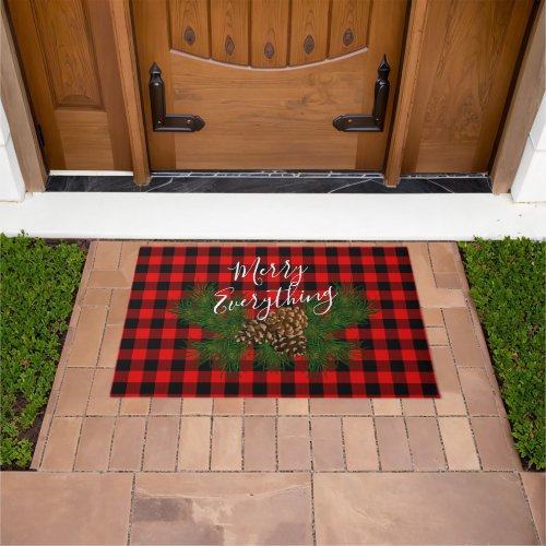 Custom Merry Everything Red Black Checks Cabin Doormat