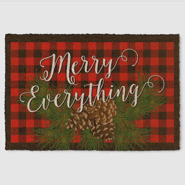 Custom Merry Everything Red Black Checks Cabin Fiber Doormat (Front)