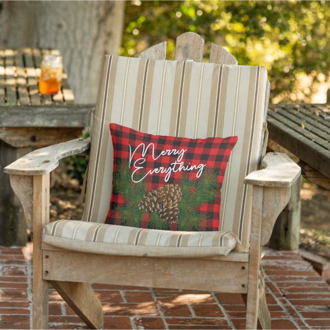 Custom Merry Everything Red Black Checks Cabin Outdoor Pillow (Chair)