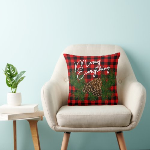 Custom Merry Everything Red Black Checks Cabin Throw Pillow