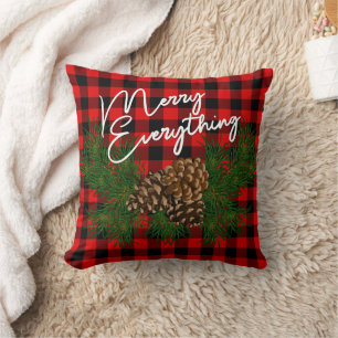 Custom Merry Everything Red Black Checks Cabin Throw Pillow