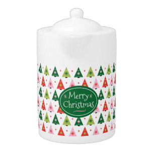 Custom Merry & Mod Retro Christmas Trees Gift Tag Teapot