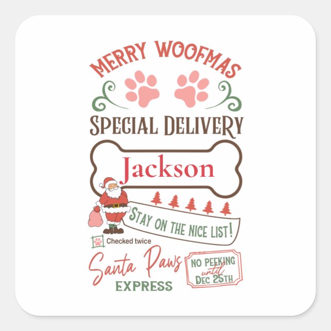 Custom Merry Woofmas Dog Christmas Gift Square Sticker (Front)