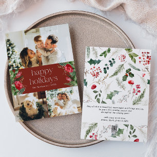 Custom Message 3 Photo Burgundy Red Botanical Holiday Card