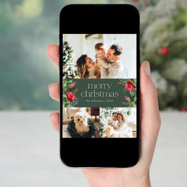 Custom Message 3 Photo Green Botanical Christmas Holiday Card (Front Digital)