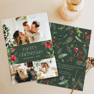 Custom Message 3 Photo Green Botanical Christmas Holiday Card