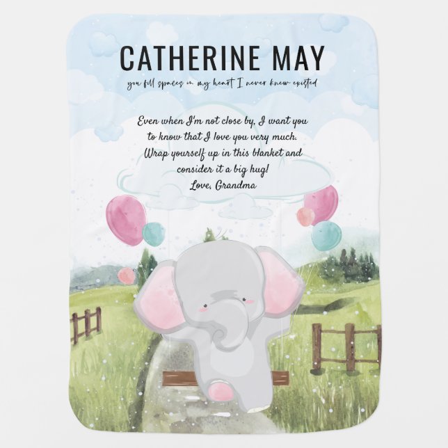 Custom Message Baby Blanket with Elephant Design (Front)
