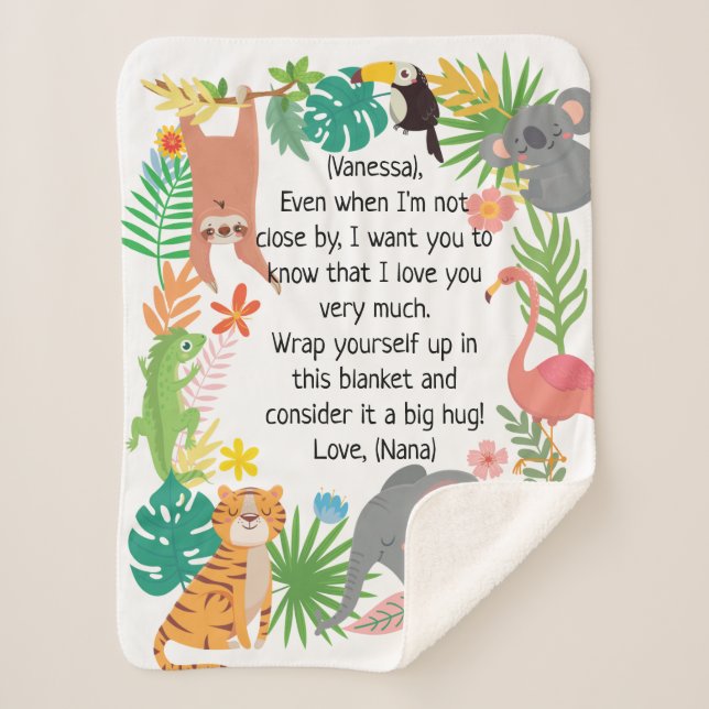 Custom Message Baby Name Safari Animals Borders Sherpa Blanket (Front)