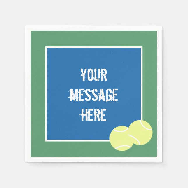Custom Message Blue Tennis Court with Yellow Balls Napkins (Front)