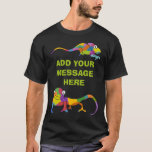 Custom Message Chameleons Graphic T-Shirt<br><div class="desc">This graphic t-shirt is ready to be customized with your own message on the front of the shirt in lime green lettering. This tee features cute cartoon style illustrations of chameleons in bright rainbow colors with two chameleons on the front above and below your message, and three more chameleons on...</div>