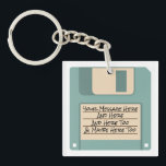 Custom Message Computer Floppy Disk Keychain<br><div class="desc">Remember floppy disks? This keychain is a blast from the past with it's illustration of a light blue computer floppy disc. Use the template fields to easily add your own message to the disk's label area. This coordinates with other items in our Old Tech collection from Asterisk Designs. Makes a...</div>
