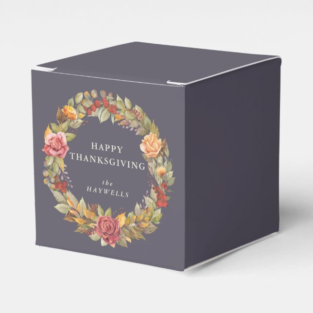 Custom Message Floral Wreath Thanksgiving Favor Boxes (Front Side)